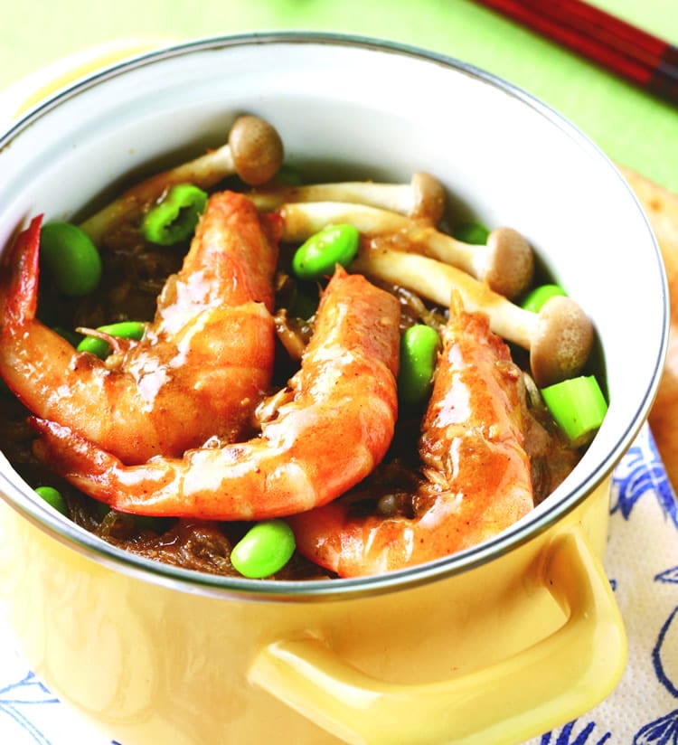 食谱:草虾鲜菇冬粉煲